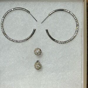 The Loft Earrings, 2 Pair Sparkling Tiny Faux Diamonds, Silver Tone